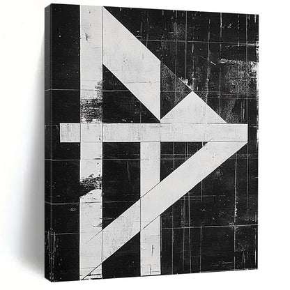 Contemporary hand-painted abstract artwork featuring a high-contrast black and white design with an "H" shape and textured risograph print on canvas. DLZ1140