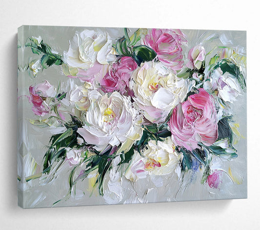 “Blush - Toned Peony Bouquet” - Soft Pinks, Whites, Greens, Textured Peony Flowers - Impasto Oil Painting HB1716