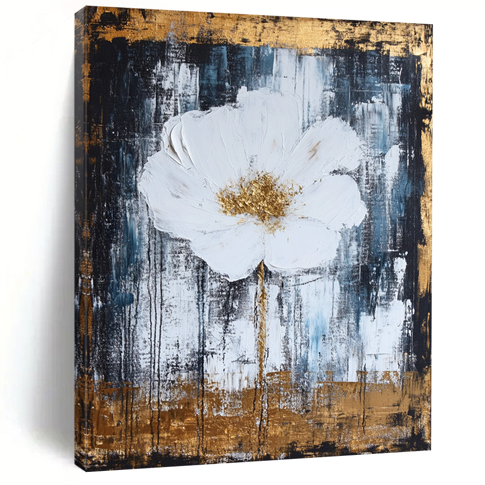Contemporary hand-painted abstract artwork featuring white and gold tones, thick brush strokes, textured canvas, and a harmonious design with elegant metallic accents. DLZ0779