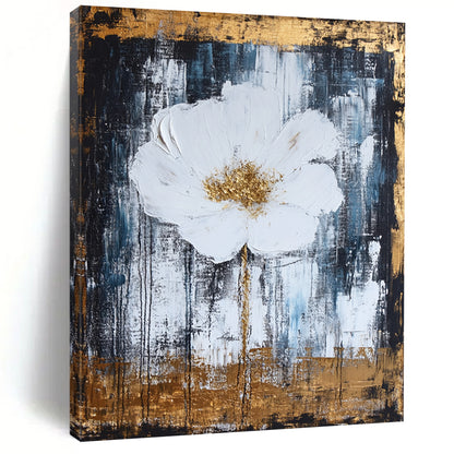 Contemporary hand-painted abstract artwork featuring white and gold tones, thick brush strokes, textured canvas, and a harmonious design with elegant metallic accents. DLZ0779