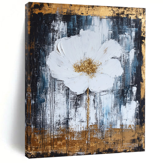 Contemporary hand-painted abstract artwork featuring white and gold tones, thick brush strokes, textured canvas, and a harmonious design with elegant metallic accents. DLZ0779