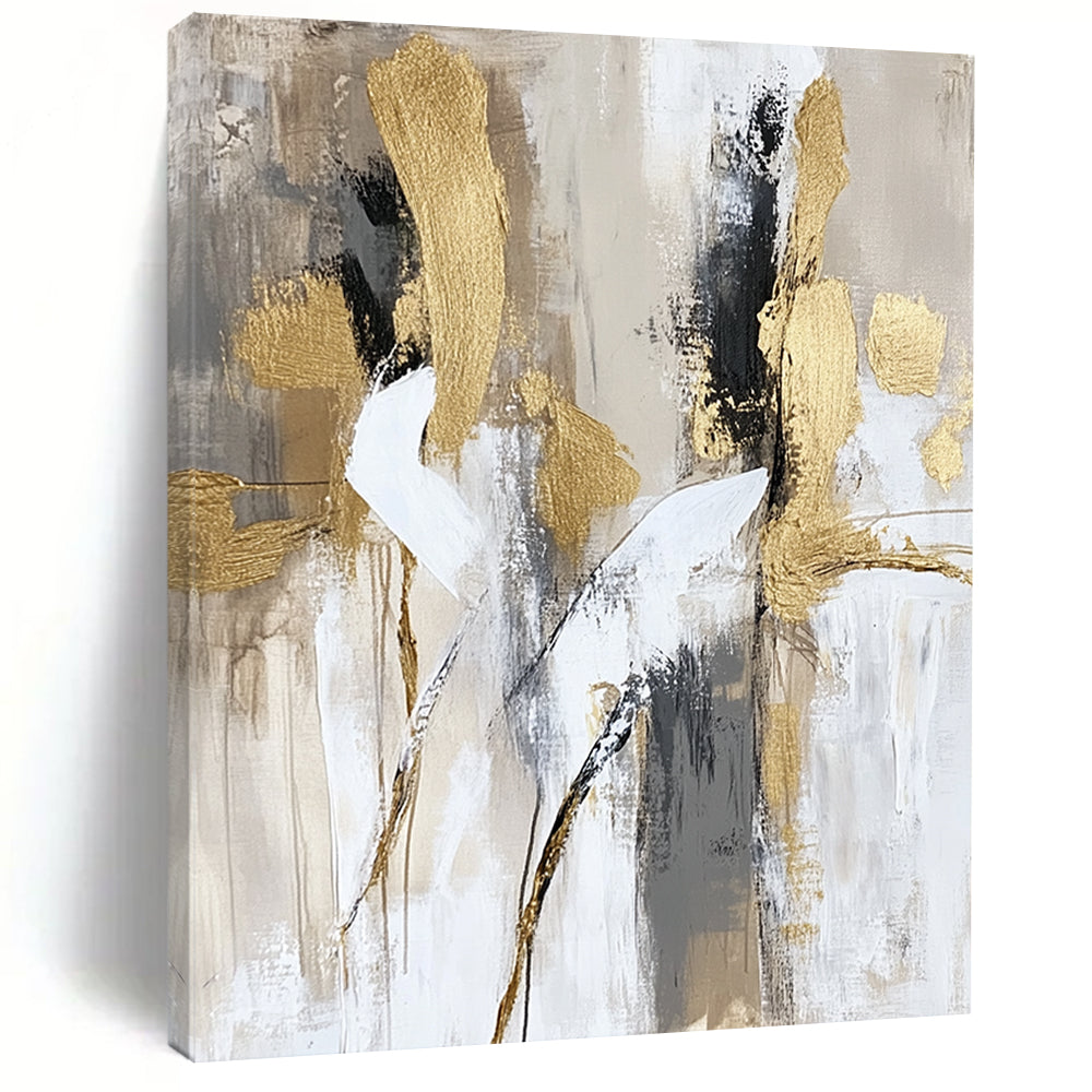 Contemporary hand-painted abstract art featuring soft brush strokes in neutral beige and white tones with elegant gold accents depicting dancing bodies in motion. DLZ0768