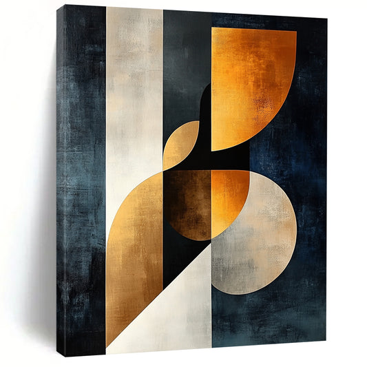 Modern abstract painting featuring elegant female form in dark blue beige and white with golden accents showcasing harmony of curves and geometric shapes. DLZ1370