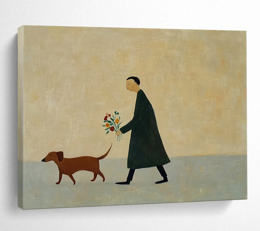 “Man Walking Dog with Flowers” - Simple figures, muted colors, peaceful scene, Minimalist Narrative Painting On Canvas HB0603