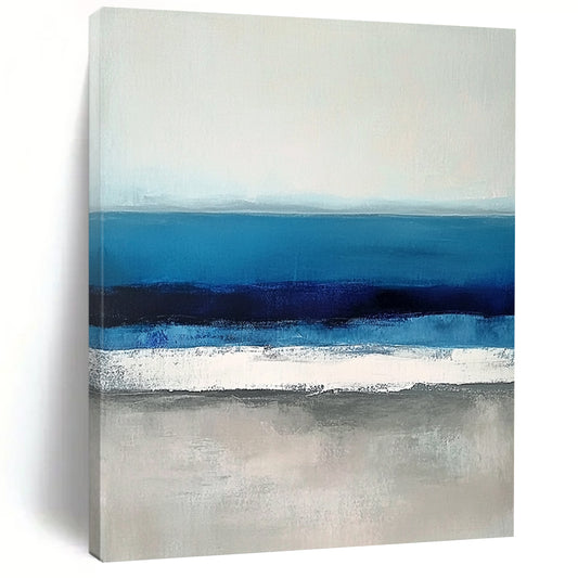 Large contemporary abstract painting featuring soft blues and grays capturing serene sea waves with a hint of deep blue for added depth. DLZ1359