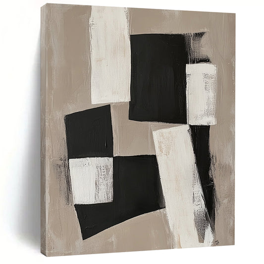Large contemporary abstract painting featuring black and white organic blocks on a beige background connected by delicate lines for a unified minimalist design. DLZ1026