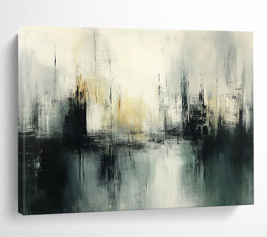 “Misty Urban Silhouette” - Gray, Black, White, Abstract Cityscape - Acrylic Painting HB1479