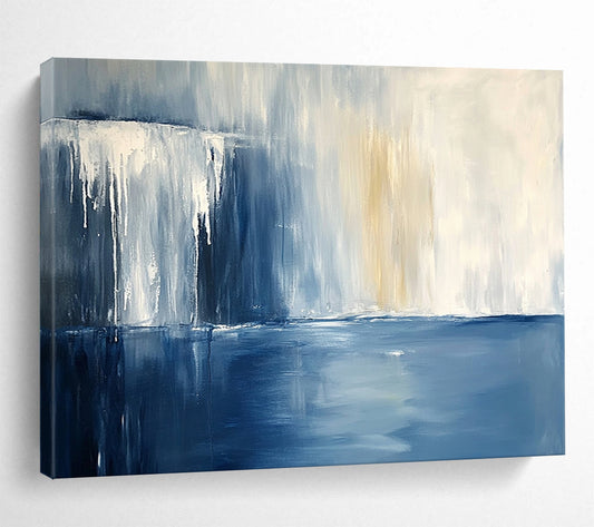 “Blue and White Abstract Waterfall” - Blue, White, Abstract Waterfall Scene Painting On Canvas HB1006
