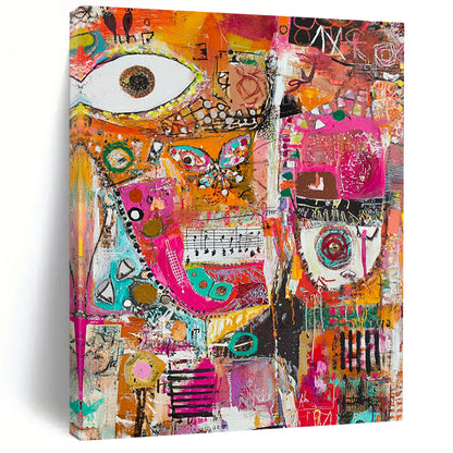 Vibrant contemporary abstract painting featuring joyful collage of musical notes fabric scraps paint splatters and geometric forms celebrating creativity and expression. DLZ0948