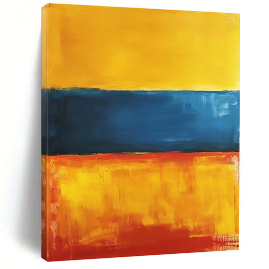 Contemporary abstract artwork featuring a vibrant interplay of orange, blue, and yellow hues, inspired by minimalist aesthetics. DLZ1354