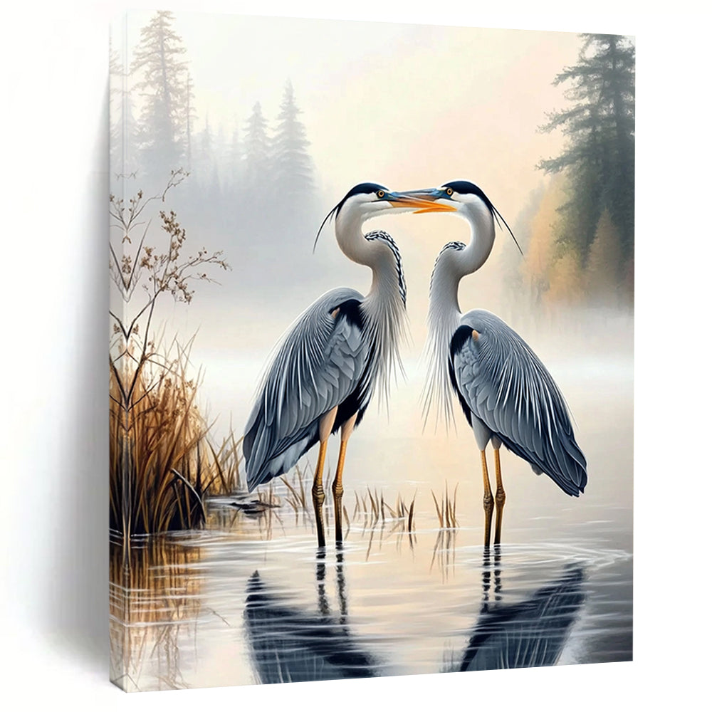 Contemporary hand-painted abstract art capturing two herons on a foggy lake with a lush forest backdrop, perfect for elevating any space. DLZ1718