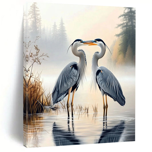 Contemporary hand-painted abstract art capturing two herons on a foggy lake with a lush forest backdrop, perfect for elevating any space. DLZ1718