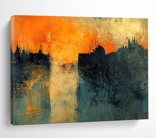 “Orange Sunset City Silhouette” - Orange, Blue, Black, Abstract Dramatic City Sunset Painting On Canvas HB1095