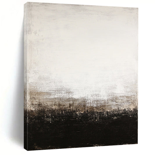 Large contemporary abstract painting features a black and white color scheme with a white-to-beige gradient and dark brown base evocative of Whistler and Rothko. DLZ0544