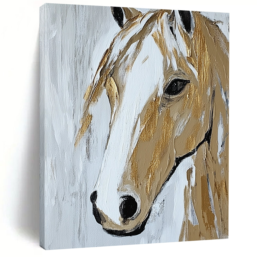 Contemporary abstract painting showcasing a close-up horse portrait in beige and white with textured gold accents on a minimal background. DLZ1583