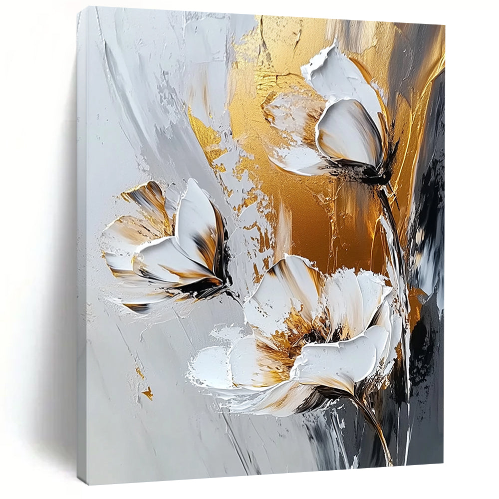 Contemporary abstract artwork featuring gold and white flowers on a grey background with expressive white brush strokes, emphasizing a textured palette knife technique. DLZ0386