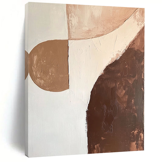 Contemporary abstract artwork featuring organic shapes in brown and white with soft edges and minimalist design, emphasizing fluid lines and canvas texture. DLZ0997