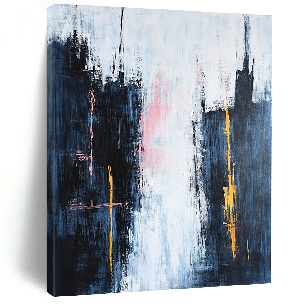 Contemporary hand-painted abstraction featuring dark blue spires against a white sky with pink clouds and vibrant yellow and orange accents in a minimalist style. DLZ0646