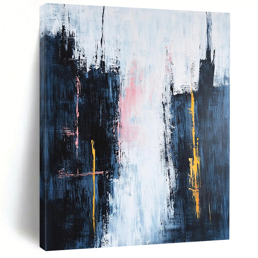 Contemporary hand-painted abstraction featuring dark blue spires against a white sky with pink clouds and vibrant yellow and orange accents in a minimalist style. DLZ0646