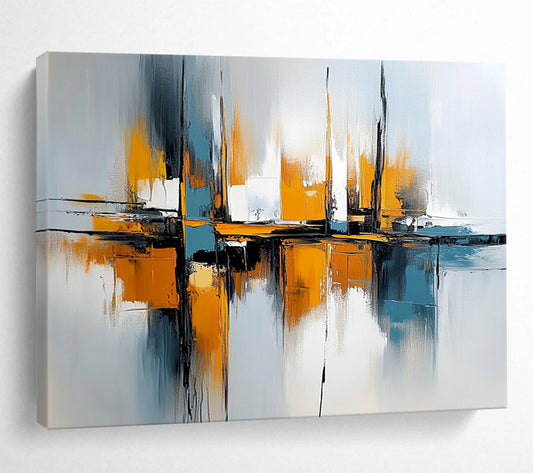 “Harbor Impressions” - Orange, Blue, Gray, Abstract Boats Painting On Canvas HB1038