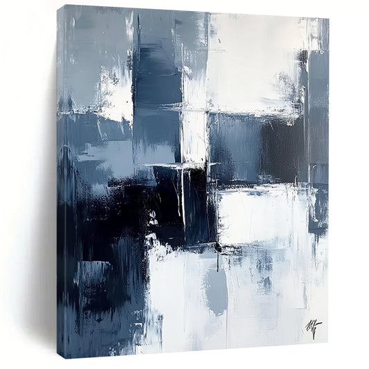 Large contemporary abstract painting featuring dark blue and white brushstrokes on a light gray background evoking calmness and simplicity. DLZ0351