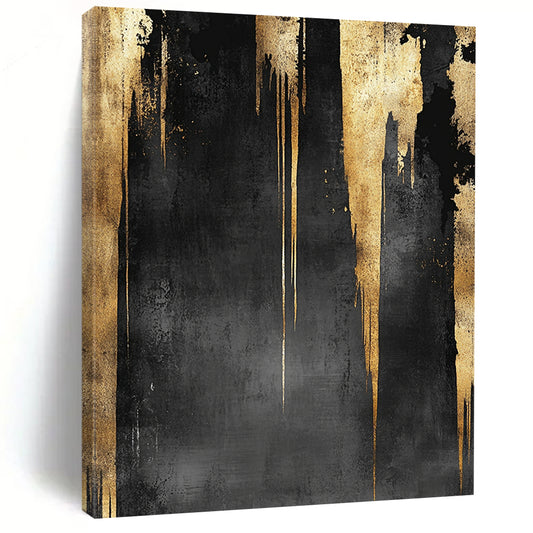 Black, Gray & Gold Dripping Panels - “Monochrome Gilded Falls” Painting On Canvas HB199