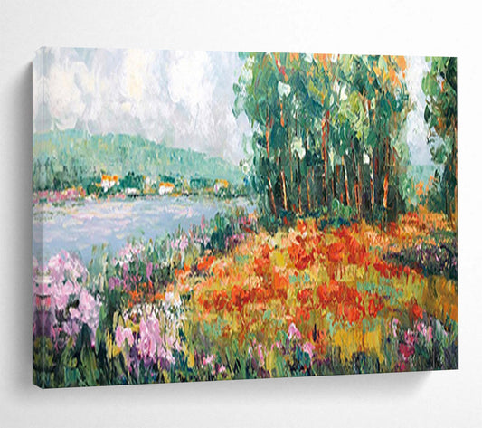 Lakeside Flower Field - Cheerful Living Room or Bedroom Art DLZ228