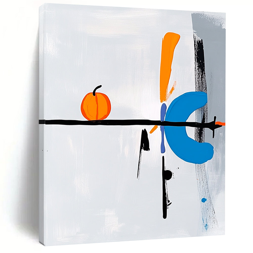 Contemporary abstract art featuring a right-pointing arrow in blue black white and orange with Oostutto text and a whimsical pumpkin element on a light grey background DLZ1336