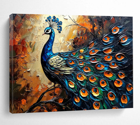 “Blue Gold Orange Peacock Relief” - Blue, gold, orange, green; Textured peacock portrait HB1294