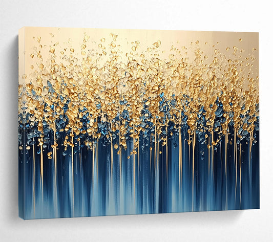 “Golden Forest Cascade” - Gold, Blue, White, Abstract Tree - like Forms with Drips Painting On Canvas HB1085
