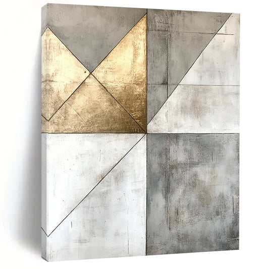 Gray, White, Gold, Geometric Triangles "Gilded Pyramid" Abstract Minimalist Painting On Canvas HB141