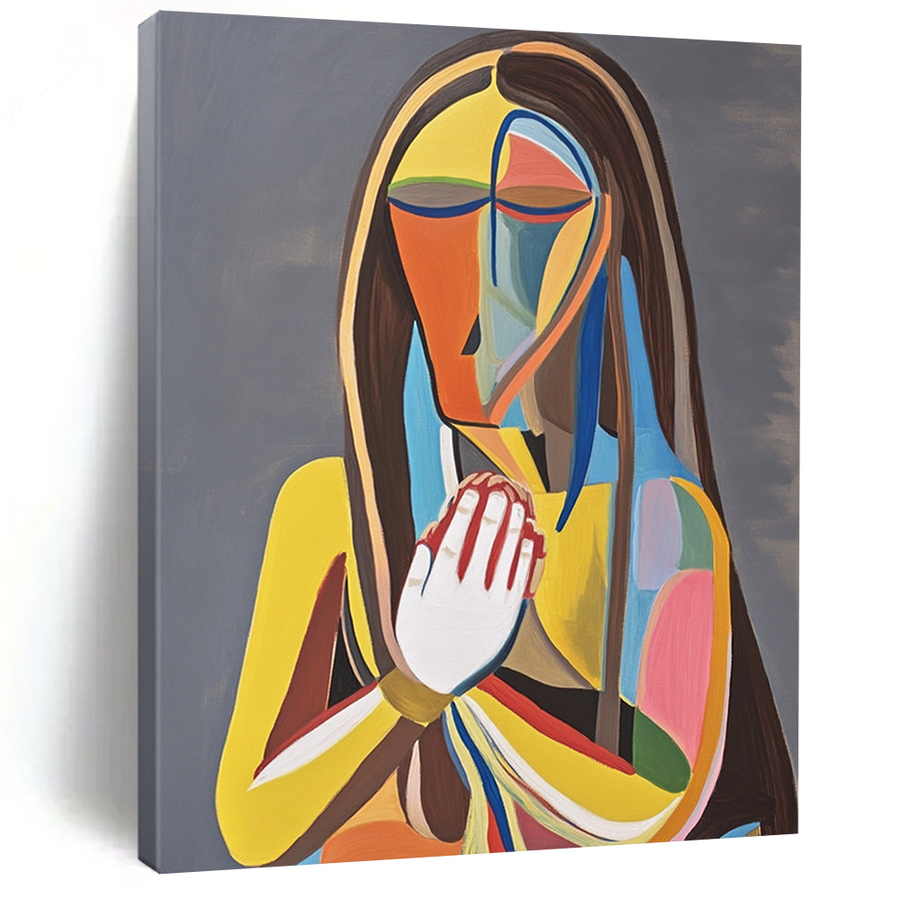 Contemporary abstract painting featuring a woman on a throne holding her chest in pain against a gray background with vibrant colors and bold lines. DLZ1381