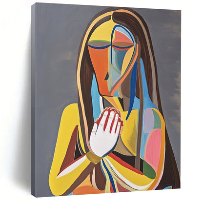 Contemporary abstract painting featuring a woman on a throne holding her chest in pain against a gray background with vibrant colors and bold lines. DLZ1381