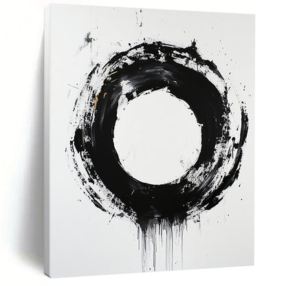 White, Black and Gold Abstract Circle "Dynamic Enso" Painting On Canvas HB366