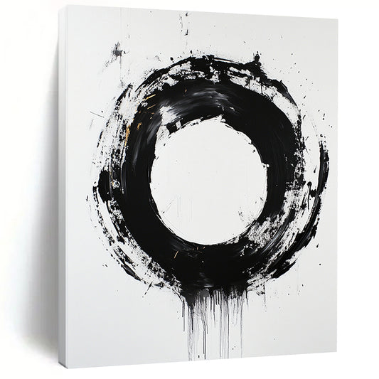 White, Black and Gold Abstract Circle "Dynamic Enso" Painting On Canvas HB366