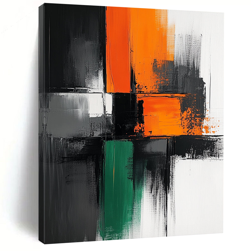 Contemporary hand-painted abstract artwork features bold black lines on a pristine white background with vibrant blocks of orange gray and green colors. DLZ1651