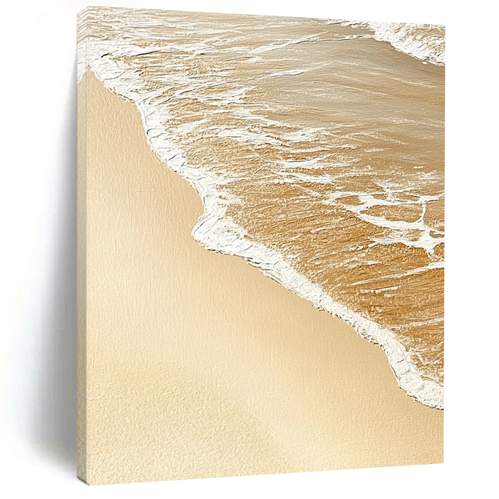 Contemporary abstract artwork capturing the serene meeting of sand and water, evoking tranquility with soothing beige and white tones. DLZ1211