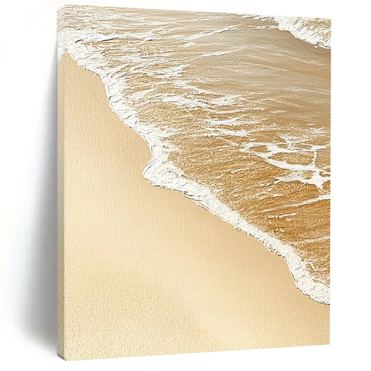 Contemporary abstract artwork capturing the serene meeting of sand and water, evoking tranquility with soothing beige and white tones. DLZ1211