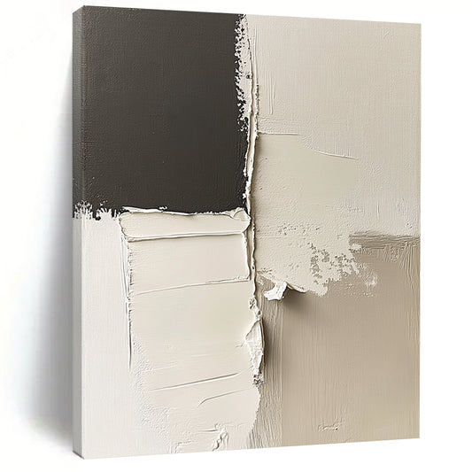 Contemporary abstract artwork features striking black and white impasto shapes and minimalist lines on a canvas with deconstructed paper elements in neutral tones. DLZ0524