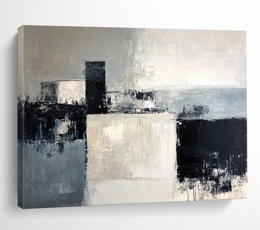 “Geometric Abstract in Gray and Black” - Gray, black, white; Geometric shapes in gray, black, and white; Textured Acrylic Painting On Canvas HB1204