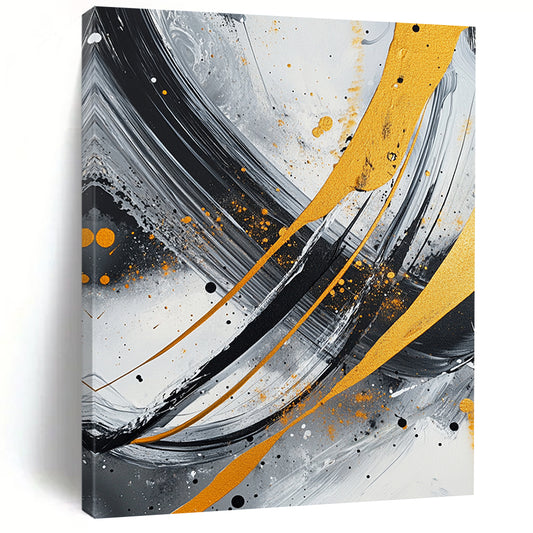 Gray, Black, White, Gold, Orange, Swirling Strokes "Fiery Galaxy" Abstract Cosmic - Inspired Painting On Canvas HB069