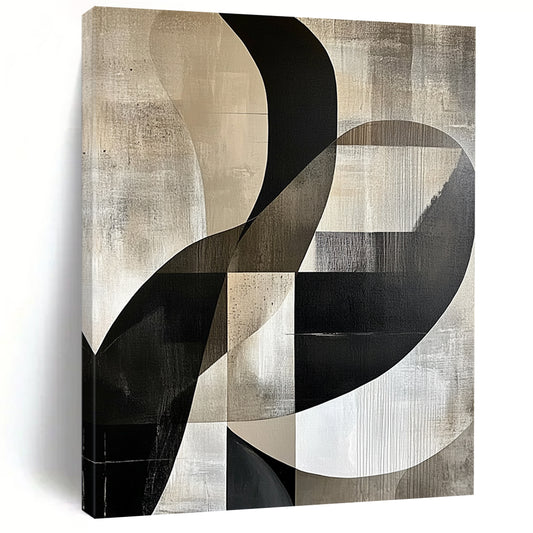 Large contemporary handcrafted abstract painting featuring gray beige and black tones with white accents smooth curves and geometric forms emphasizing negative space and light-shadow interplay. DLZ1371