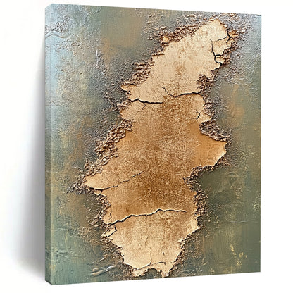 Contemporary abstract painting features two stacked cracked brown earth plains on an olive green background created with textured oil paint. DLZ0651