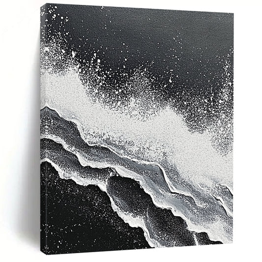 Contemporary hand-painted abstract art featuring intricate textures of ocean waves crashing in striking black and white tones. DLZ1139