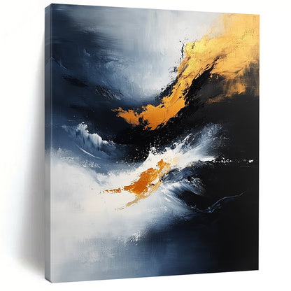 Contemporary abstract painting features dynamic brush strokes and atmospheric clouds in blue, black, and gold on textured canvas. DLZ0357