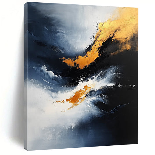 Contemporary abstract painting features dynamic brush strokes and atmospheric clouds in blue, black, and gold on textured canvas. DLZ0357