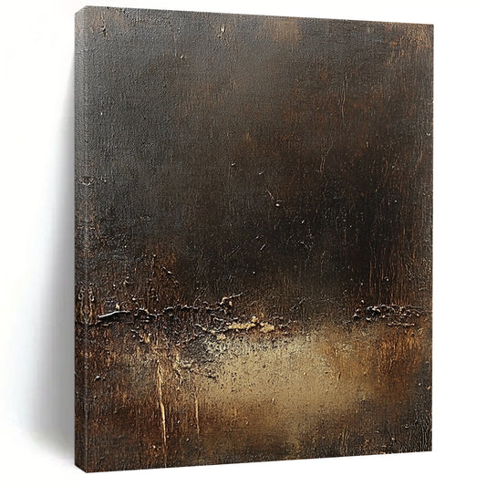 Contemporary abstract canvas art featuring a dark brown textured background subtle golden line and signs of wear enhancing its unique character. DLZ1571
