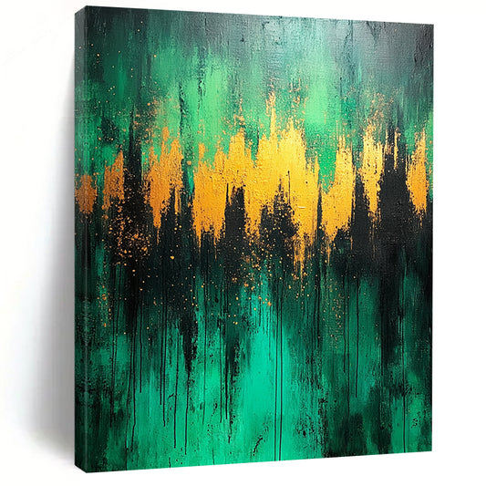 Contemporary abstract artwork featuring a lush green forest with light blue and gold accents on a textured canvas. DLZ0391
