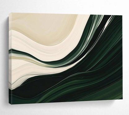 “Flowing Green and White Abstract” - Green, White, Curved Textures Painting On Canvas HB0889