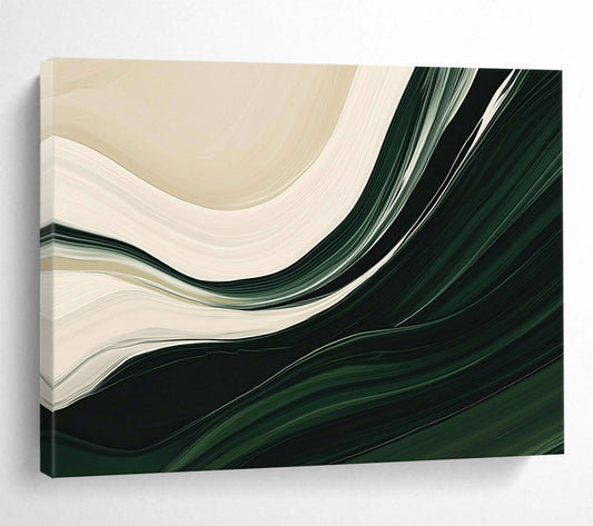 “Flowing Green and White Abstract” - Green, White, Curved Textures Painting On Canvas HB0889
